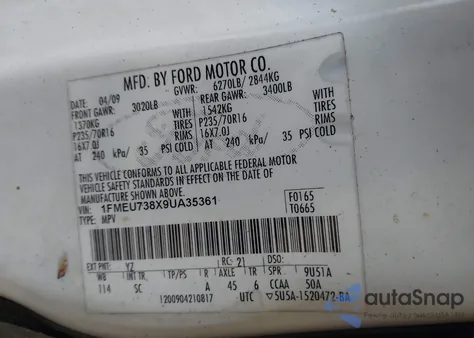 2009 Ford Explorer Xlt из США, поврежденный, VIN 1FMEU738X9UA35361